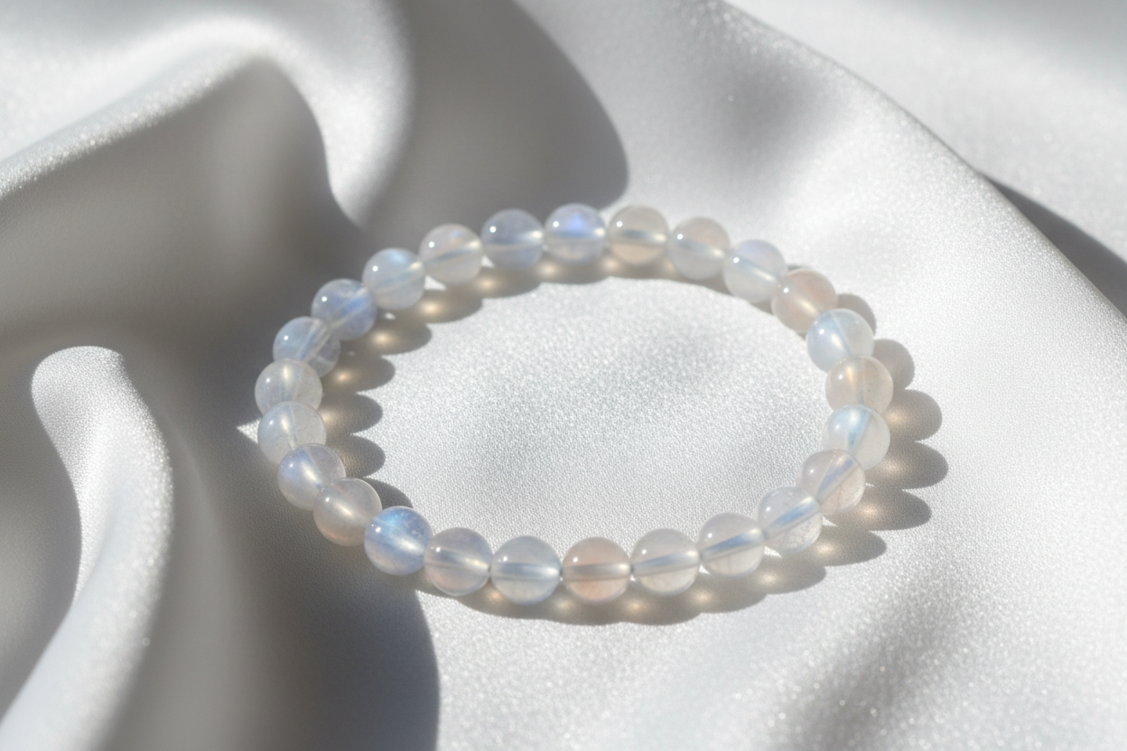 Moonstone Energy Natural Crystal Bracelet on silky white cloth
