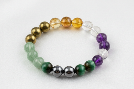 natural crystal bracelet made with Pyrite, Green Aventurine, Citrine, Hematite, Green Tiger Eye, Amethyst, Clear Quartz.On white silk cloth with no shadow