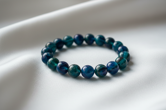 Peacock Azurite Natural Crystal Bracelet on silky white cloth