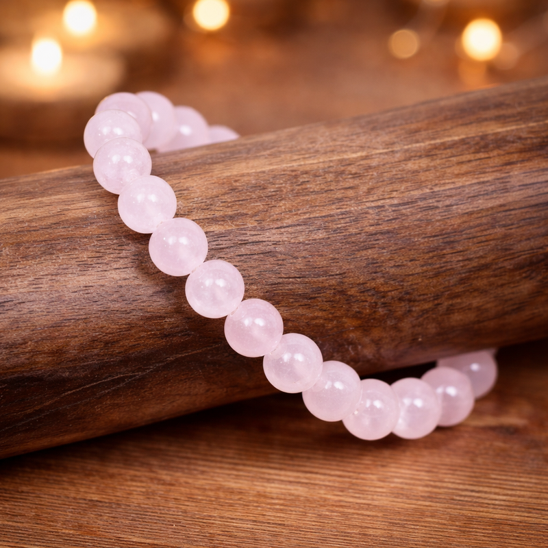 Close-up of Dhivarashi natural Rose Quartz Love Bracelet on a wooden surface, crystal healing jewelry for love, heart chakra and emotional balance.