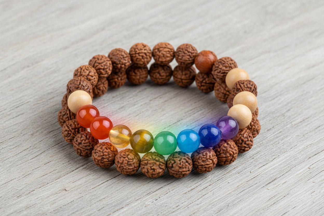 “Rudraksha Tulsi Sandalwood 7 Chakra Bracelet with Carnelian, Citrine, Tiger Eye, Aventurine, Sodalite, Lapis Lazuli, and Amethyst beads. Premium product photo, soft chakra aura glow, natural wood background, luxury e-commerce lighting, high clarity.”