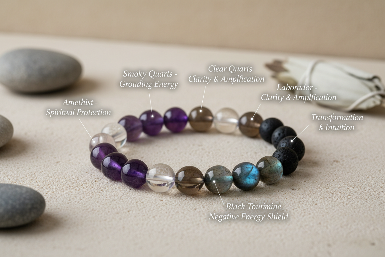 "Shani Raksha Bracelet with natural 8mm beads: Amethyst, Smoky Quartz, Clear Quartz, Labradorite, Black Tourmaline. Each bead labeled with its name and a brief benefit. Elegant, simple background, premium spiritual look."