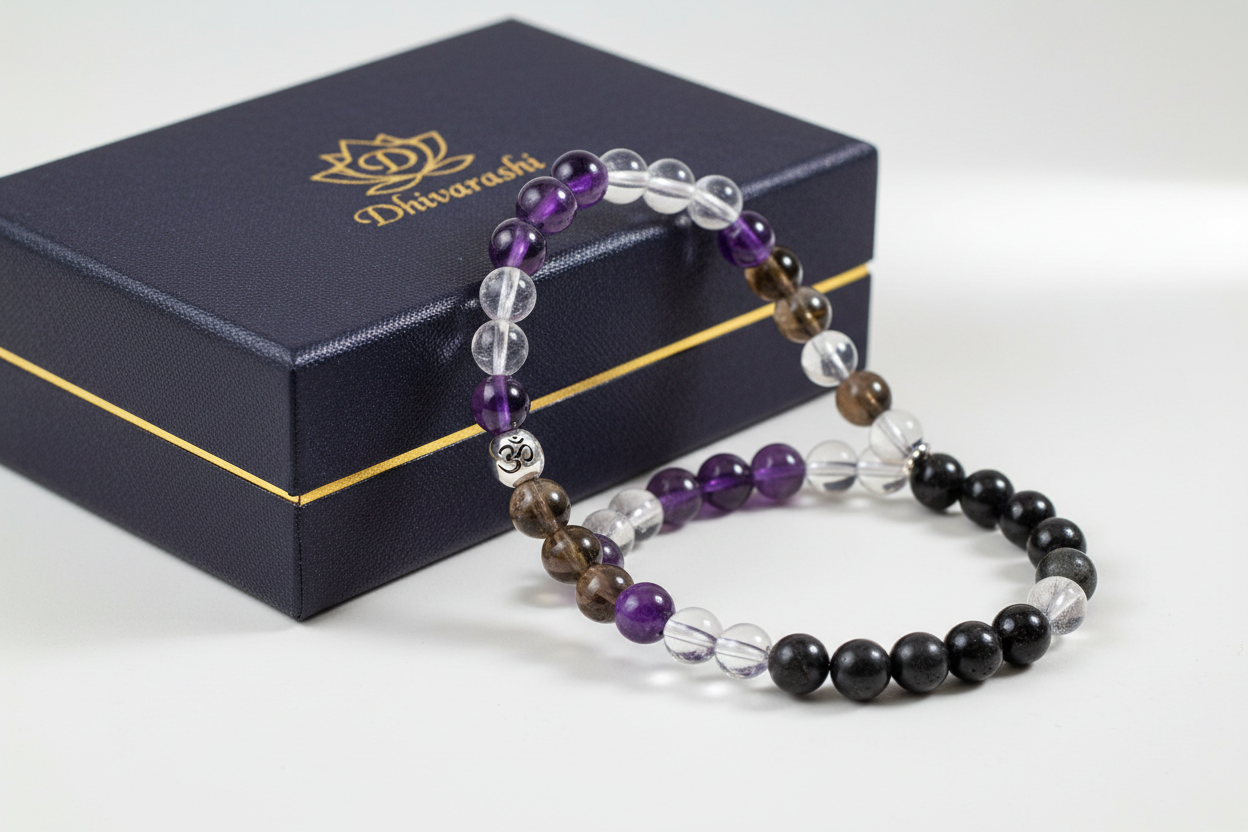 Shani Raksha Bracelet with natural 8mm beads: Amethyst, Smoky Quartz, Clear Quartz, Labradorite, Black Tourmaline. with box packing and on packing there should be logo of dhivarashi