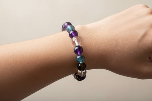 the Shani Raksha Bracelet is made up of:
•  Amethyst (8mm natural stones) 
•  Smoky Quartz (8mm natural stones) 
•  Clear Quartz (8mm natural stones) 
•  Labradorite (8mm natural stones) 
•  Black Tourmaline (8mm natural stones)
create a pic people wearing in wrist