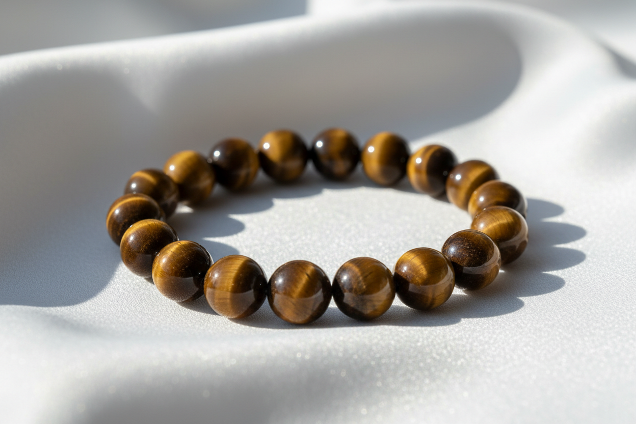Tiger Eye Confidence Natural Crystal Bracelet on silky white cloth